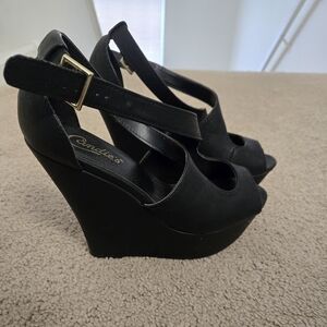 Candie's Black Peep-Toe Wedges